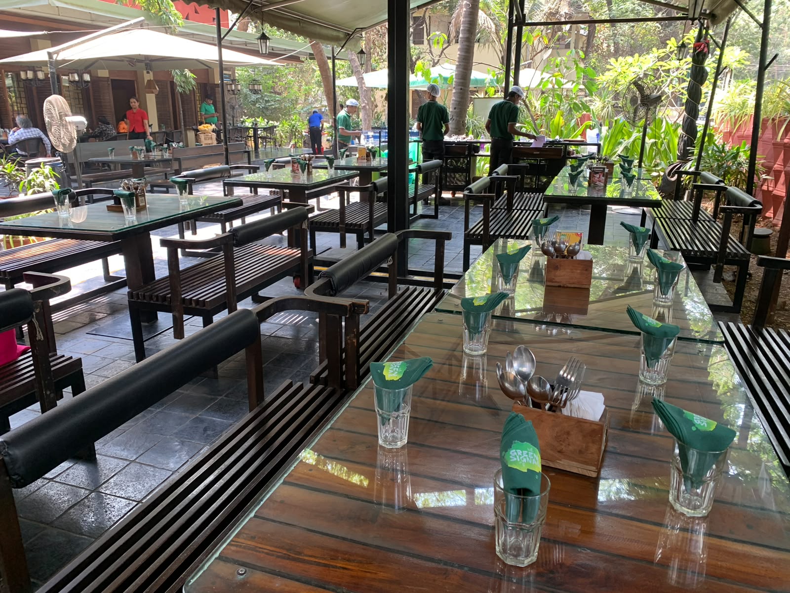 Green Signal garden café with branded napkins